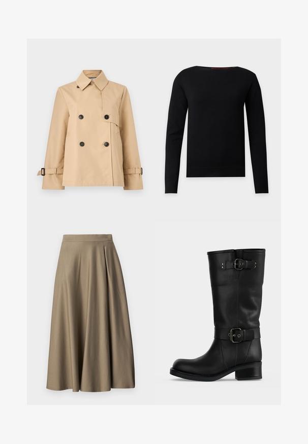 Trench-coat double boutonné beige avec boutons noirs, large col, poches latérales et sangles à boucle réglables aux poignets.; Pull noir à manches longues avec col rond, design simple et ajusté sur un fond gris clair.; Jupe trapèze longueur genou en tissu beige avec une ceinture ajustée et un pli subtil sur un côté, présentée sur un fond blanc.; Botte haute en cuir noir avec deux sangles à boucle réglables et un talon bloc bas sur fond uni.