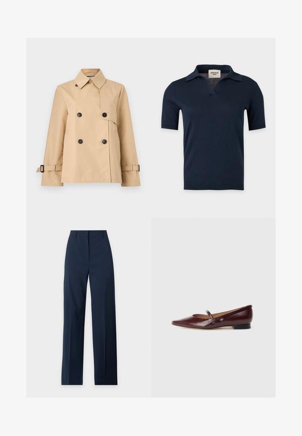 Trench-coat double boutonné beige avec boutons noirs, large col, poches latérales et sangles à boucle réglables aux poignets.; Chemise en maille bleu marine à manches courtes avec un petit col ouvert et un col en V, présentée sur un fond gris clair uni.; Pantalon bleu marine à jambes droites avec passants de ceinture, fermeture éclair à l'avant et taille propre sur un fond clair.; Chaussure plate en cuir verni bordeaux avec un bout pointu et une sangle décorative sur le cou-de-pied. Présente un petit talon noir.