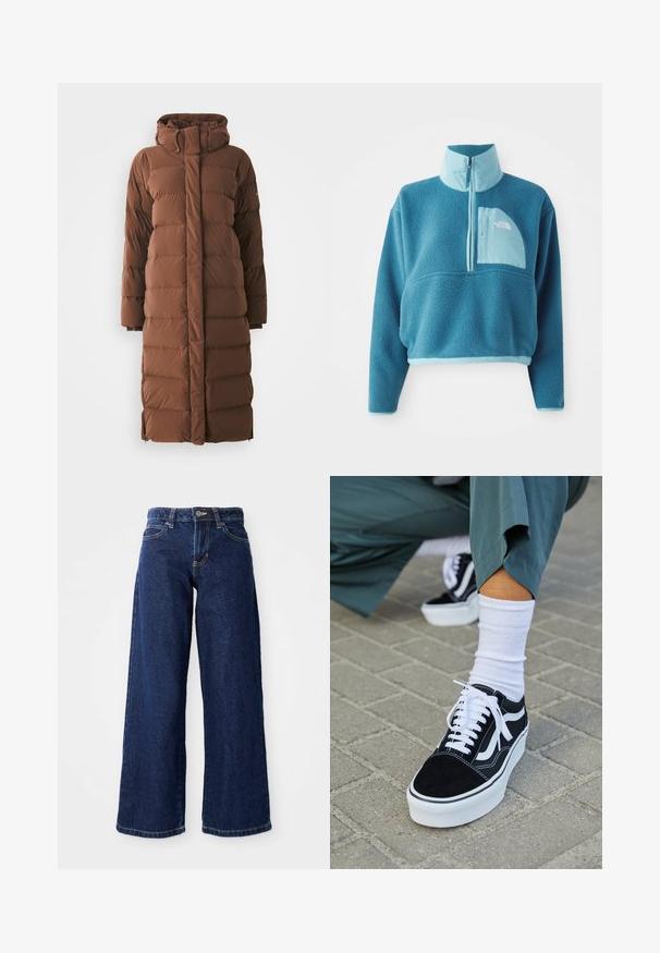 Lang, brun dunjakke med høj krave, quiltede sektioner og lynlås foran. Har sidelommer og et slankt, strømlinet design.; Blå fleece trøje med delvis lynlås, høj krave og en frontlomme. Accentueret med en lysere blå kant og en stoftekstur.; Mørkeblå vide jeans lavet af denim, med knap- og lynlåslukning, bæltesløjfer og klassisk fem-lomme design.; Sorte ruskinds sneakers med hvide accenter og snørebånd, der har en tyk hvid sål og kontrasterende syninger, parret med en hvid sok.