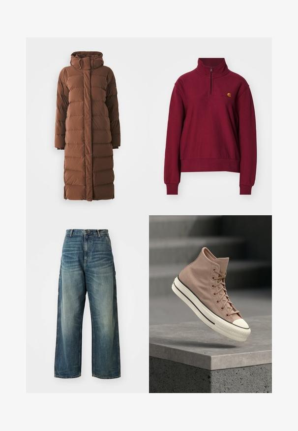 Abrigo de plumas largo, marrón, con un alto cuello, secciones acolchadas y cierre frontal de cremallera. Presenta bolsillos laterales y un diseño elegante y aerodinámico.; Carhartt WIP AMERICAN HIGH NECK - Sudadera - malbec; Jeans de denim de pernera ancha en una lavada azul desteñida. Cuenta con un cierre de botón, cinco bolsillos y costuras visibles. El material tiene una textura suave.; Zapatilla de caña alta color marrón claro con suela y puntera de goma blanca, suspendida en el aire sobre un borde de hormigón gris texturizado, con un fondo desenfocado.