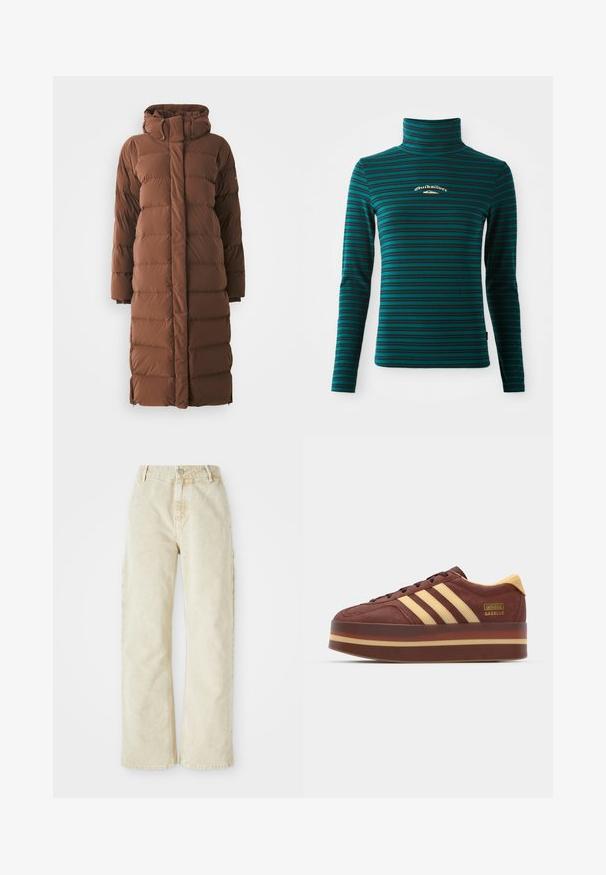 Lang, brun dunjakke med høj krave, quiltede sektioner og lynlås foran. Har sidelommer og et slankt, strømlinet design.; Langærmet turtleneck top i teal med mørkeblå vandrette striber. Har et lille hvidt og guld logo på brystet. Blødt, strækbart stof.; Beige bredde denim bukser med høj talje, der har en frontknap og lynlås, bæltesløjfer og sidelommer. Blød tekstur.; Brune ruskinds sneaker med gule detaljer, der har tre laterale striber, en tyk platformssål og en guldslogo detalje.
