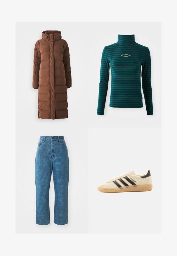 Lang, brun dunjakke med høj krave, quiltede sektioner og lynlås foran. Har sidelommer og et slankt, strømlinet design.; Langærmet turtleneck top i teal med mørkeblå vandrette striber. Har et lille hvidt og guld logo på brystet. Blødt, strækbart stof.; Lyseblå denim jeans med en subtil mønstret struktur, høj talje og lige ben. Har en frontlukning med knap og lynlås.; Kremfarvet ruskindssneaker med sorte striber, gummisål, sort hælstrop og gyldent "SPEZIAL"-tekst på siden.