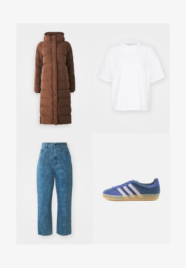Lang, brun dunjakke med høj krave, quiltede sektioner og lynlås foran. Har sidelommer og et slankt, strømlinet design.; Hvid bomulds t-shirt med rund hals, korte ærmer og en afslappet pasform. Har et diskret logo på venstre brystområde. Glat tekstur.; Lyseblå denim jeans med en subtil mønstret struktur, høj talje og lige ben. Har en frontlukning med knap og lynlås.; Lavtopet sneaker i blå ruskind med hvide teksturerede striber, gennemsigtig gummisål og gyldent "BAYRE" branding på siden.