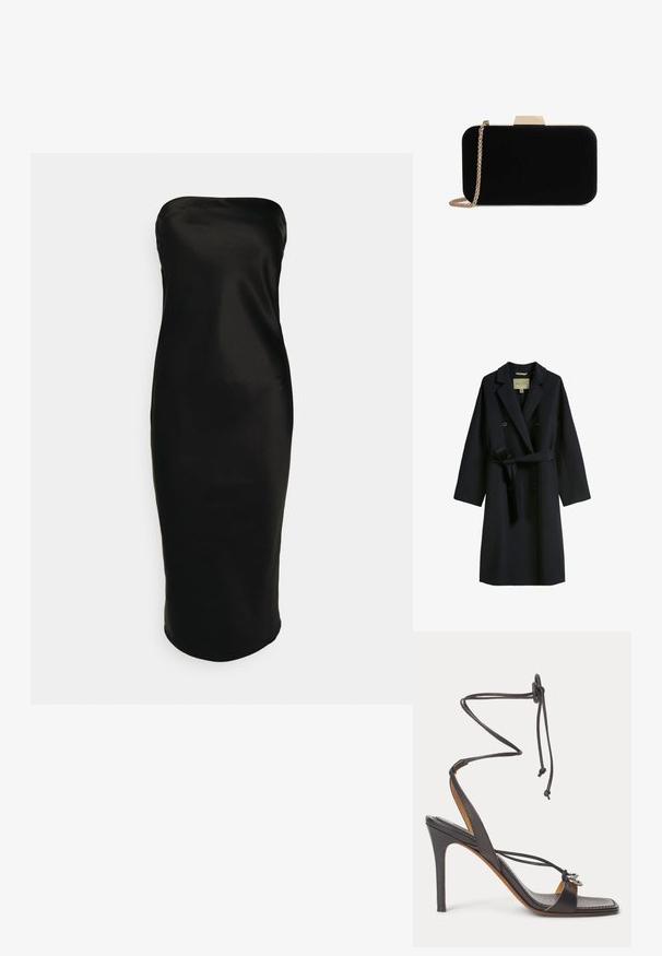 Manteau trench bleu marine en mélange de laine, doté d'un design à double boutonnage, d'un col large et d'une ceinture à la taille. Les boutons sont ronds et noirs.; Gina Tricot TUBE MIDI DRESS - Robe de soirée - black; Sandale noire à talon haut avec fines lanières enveloppant la cheville, bout ouvert et anneaux décoratifs argentés sur la bride avant, sur fond blanc.; Pochette en velours noir avec quincaillerie dorée, de forme rectangulaire, et une bandoulière en chaîne, présentant une texture lisse et sans motifs visibles.