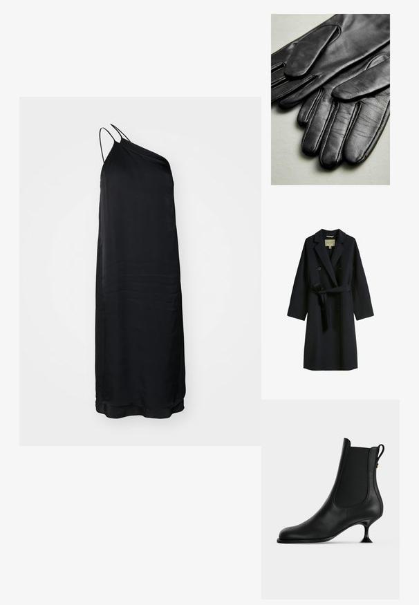 Mørkeblå trench coat lavet af uldblanding, med dobbeltknaplukning, brede revers og taljebånd. Knappene er runde og sorte.; Sort, ærmeløs kjole med én skulderrem, der har et flydende design og en glat tekstur, der når til midten af læggen.; Sort læderankelstøvle med spids snude, elastiske sidepaneler og en slank, udvidet kittenhæle på en ensartet lys baggrund.; Sorte læderhandsker med glat tekstur, der har syninger langs fingrene og en tætsiddende design. Blødt, smidigt materiale for komfort.