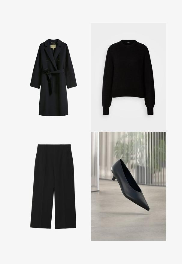 Mørkeblå trench coat lavet af uldblanding, med dobbeltknaplukning, brede revers og taljebånd. Knappene er runde og sorte.; Sort strikket sweater med rund halsudskæring og lange, let baggy ærmer. Ribbet manchetter og kant. Blød tekstur, boxy pasform.; Sorte breddebenede bukser lavet af glat stof, med to forlommer, flad front og lynlås lukning på siden.; Sort spids tå kitten heel sko, der svæver over en glat betongulv med lodrette gennemsigtige paneler i baggrunden.
