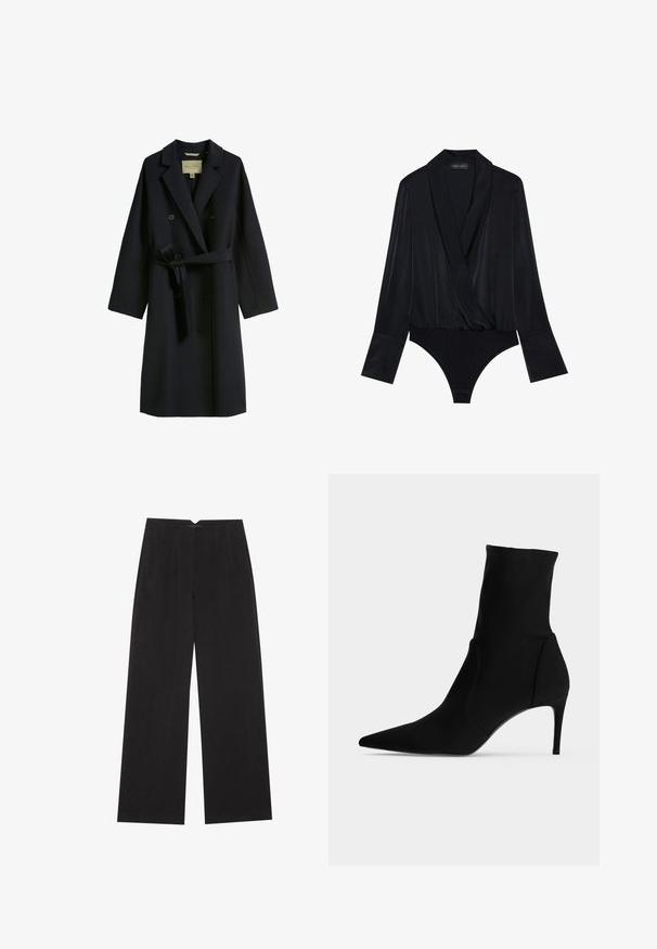Donker marineblauwe trenchcoat van een wolmix, met een dubbel-breasted ontwerp, brede revers en een tailleband. Knopen zijn cirkelvormig en zwart.; Zwarte lange mouwen bodysuit met een wikkeldesign, gemaakt van gladde stof. Heeft een diepe halslijn en een aansluitend lijfje met een klassieke snit onderkant.; Anna Field by Zalando Broek - black; Zwarte enkellaars met spitse neus en slanke hoge hak, in profiel getoond op een lichte achtergrond. Stijlvol en minimalistisch ontwerp.