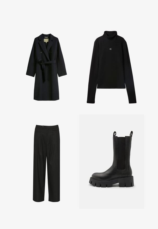 Mørkeblå trench coat lavet af uldblanding, med dobbeltknaplukning, brede revers og taljebånd. Knappene er runde og sorte.; Sort ribstrikket bluse med lange ærmer og lille firkantet Calvin Klein-logo placeret centralt på brystet.; Sorte bukser med bred benvidde og skræddersyet design, der har frontfald, en flad talje og to knapdetaljer på taljen.; Sorte læder ankelstøvler med elastiske sidedele, trækremme, kraftig sål med mønster og forstærkede syninger. Overfladen har en glat struktur.