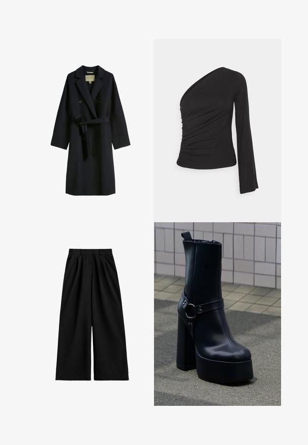 Donker marineblauwe trenchcoat van een wolmix, met een dubbel-breasted ontwerp, brede revers en een tailleband. Knopen zijn cirkelvormig en zwart.; Asymmetrisch langslievend top in zwart, met een geraapte zijkant voor textuur en een aansluitende silhouette. Gemaakt van zachte, rekbare stof.; Zwarte wijduitlopende broek met hoge taille, riemlussen, voorplooien en een nette, gladde stofafwerking.; Zwarte leren enkellaars met plateauzool, stevige hoge hak en decoratieve band, geplaatst op grijze bestrating tegen een achtergrond van betegelde muur.