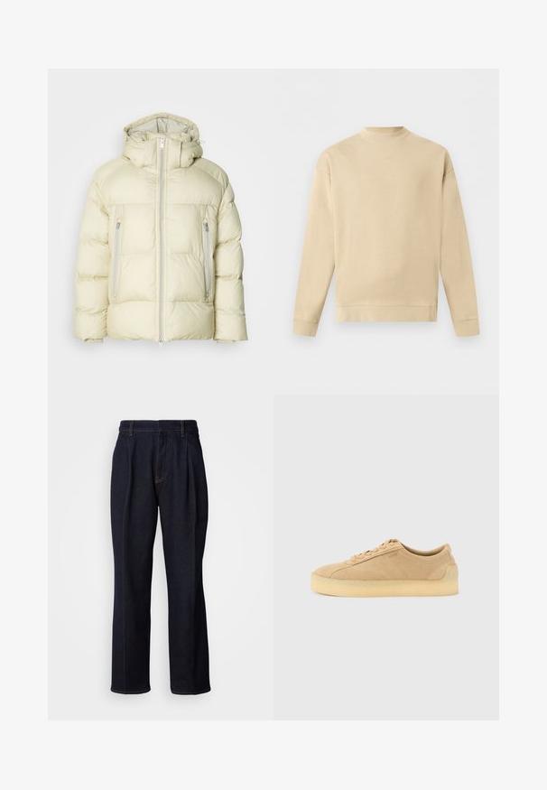 Dikke crèmekleurige jas met een hoge kraag, afneembare capuchon en twee zijzakken met ritssluiting. Gevuld, zacht stof met horizontale stiksels.; Beige sweater met lange mouwen en ronde hals, geribbelde boorden en zoom, klein "HUGO"-logo gecentreerd onder de hals.; Donkerblauwe denim jeans met wijde pijpen, inclusief voorplooien en oranje stiksels, weergegeven op een witte achtergrond.; Beige suède lage sneaker met dikke gumzool, vetersluiting aan de voorkant en subtiele zijkant branding op een effen lichtgrijze achtergrond.