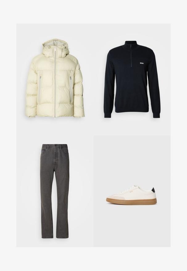 Dikke crèmekleurige jas met een hoge kraag, afneembare capuchon en twee zijzakken met ritssluiting. Gevuld, zacht stof met horizontale stiksels.; Marine pullover met een hoge kraag en een halve rits. Het materiaal is zacht met een gestructureerde afwerking. Heeft een klein wit "BOSS" logo op de borst.; Grijze spijkerbroek met een rechte pijp, voorzien van voorzakken, een knoopsluiting en een subtiele textuur.; Witte sneakers met beige accenten, bovenwerk van glad leer, ronde neus en rubberen gumzool, met een zwarte hieltab en subtiele branding.