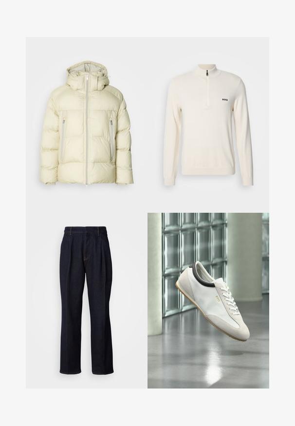 Dikke crèmekleurige jas met een hoge kraag, afneembare capuchon en twee zijzakken met ritssluiting. Gevuld, zacht stof met horizontale stiksels.; Licht beige gebreide pullover met een hoge kraag en een halve rits, voorzien van een klein zwart logo op de linkerkant van de borst en ribgebreide manchetten.; Donkerblauwe denim jeans met wijde pijpen, inclusief voorplooien en oranje stiksels, weergegeven op een witte achtergrond.; Witte leren en suède sneaker met rubberen zool en zwarte kraagdetail, zwevend binnen nabij glazen blokmuur en betonnen zuil.