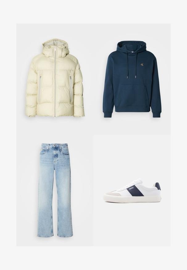 Puffige, cremefarbene Jacke mit hohem Kragen, abnehmbarem Kapuzen und zwei seitlichen Reißverschlusstaschen. Strukturiertes, weiches Material mit horizontalen Nähten.; Dunkelblauer Hoodie aus Baumwollmischung, mit einer Fronttasche, gerippten Bündchen und einem kleinen goldenen Logo auf der Brust. Weiche Textur.; Helle blaue weite Jeans mit hoher Taille, in verwaschenem Finish, mit Gürtelschlaufen und klassischem Fünf-Taschen-Design. Der Saum ist ungesäumt.; Weißer Sneaker mit niedrigem Schaft, marineblauem Seitenstreifen, "BOSS" Logo, beiger Zehenkappe und weißer Sohle, seitlich auf hellem Hintergrund gezeigt.