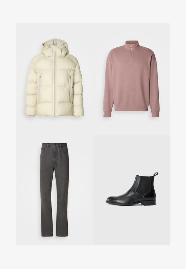 Dikke crèmekleurige jas met een hoge kraag, afneembare capuchon en twee zijzakken met ritssluiting. Gevuld, zacht stof met horizontale stiksels.; Roze pullover sweatshirt met een hoge kraag, half-ritssluiting en geribde cuffs. Bevat subtiele logo-details op de voorkant. Zacht materiaal.; Grijze spijkerbroek met een rechte pijp, voorzien van voorzakken, een knoopsluiting en een subtiele textuur.; Zwarte leren enkelboot met elastische zijpanelen, ronde neus en een trekhaak. Gladde textuur, platte zool, minimalistisch ontwerp.