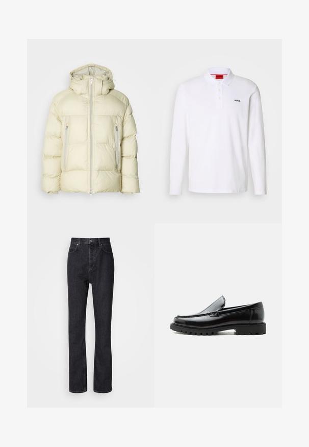 Dikke crèmekleurige jas met een hoge kraag, afneembare capuchon en twee zijzakken met ritssluiting. Gevuld, zacht stof met horizontale stiksels.; Witte lange mouwen polo-shirt gemaakt van katoen, met een kraag, een drie-knops sluiting en een zwart "HUGO" logo op de linkerborst.; Hoge taille zwarte denim jeans met een knoop- en ritssluiting, voor- en achterzakken en een rechte pasvorm.; Zwarte leren loafer met dikke rubberen zool, gestikte bovenkant en gegraveerde merknaam op de hiel, zijaanzicht op witte achtergrond.