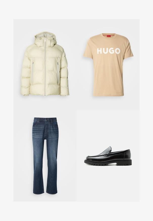 Puffige, cremefarbene Jacke mit hohem Kragen, abnehmbarem Kapuzen und zwei seitlichen Reißverschlusstaschen. Strukturiertes, weiches Material mit horizontalen Nähten.; Beige Baumwoll-T-Shirt mit Rundhalsausschnitt, kurzen Ärmeln und einem auffälligen weißen "HUGO"-Logo auf der Vorderseite. Glatte Textur, lässiges Design.; Jeans aus Denim mit geradem Bein, mittlerer Waschung, Fünf-Taschen-Stil und Knopfverschluss. Der Stoff hat eine glatte Textur mit leichter Ausbleichung.; Schwarzer Lederloafer mit grober Gummisohle, genähter Oberseite und geprägtem Markennamen an der Ferse, seitlich auf weißem Hintergrund gezeigt.