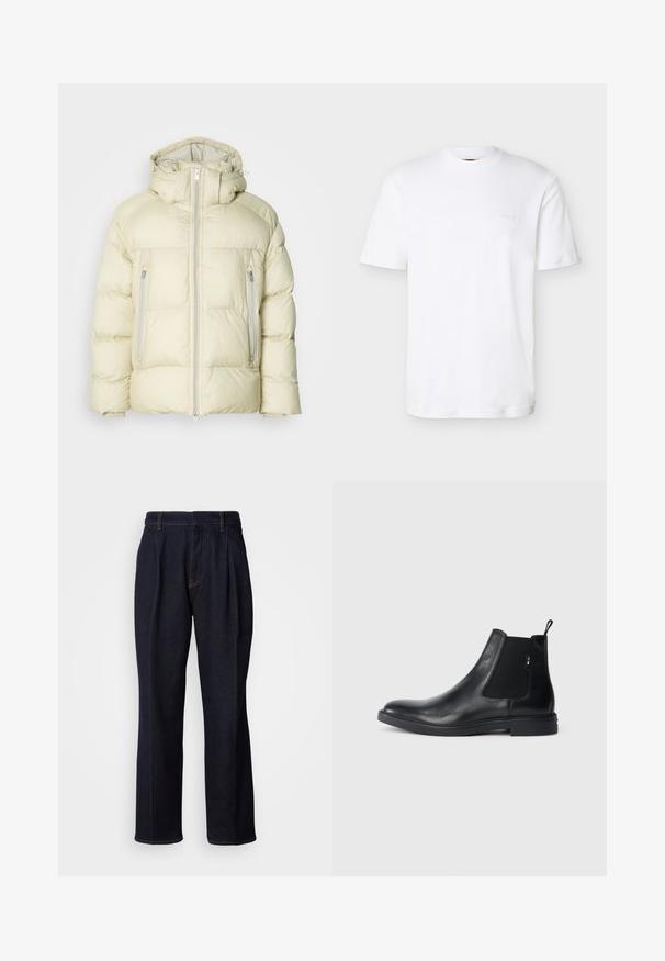 Puffige, cremefarbene Jacke mit hohem Kragen, abnehmbarem Kapuzen und zwei seitlichen Reißverschlusstaschen. Strukturiertes, weiches Material mit horizontalen Nähten.; Schlichtes weißes T-Shirt mit kurzen Ärmeln und Rundhalsausschnitt, mit einem dezent eingeprägten "BOSS"-Logo auf der linken Brust.; Dunkelblaue weit geschnittene Jeans mit vorderen Falten und orangen Nähten, auf weißem Hintergrund gezeigt.; Schwarze Leder Chelsea-Boots mit elastischen seitlichen Einsätzen, einer Zugschlaufe und einer flachen Gummisohle. Glatte Textur mit minimaler Ausgestaltung.
