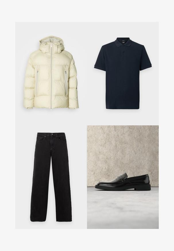 Dikke crèmekleurige jas met een hoge kraag, afneembare capuchon en twee zijzakken met ritssluiting. Gevuld, zacht stof met horizontale stiksels.; Marineblauw korte mouw polo met kraag, twee zwarte knopen en een subtiel geborduurd logo op de borst.; Zwarte denim jeans met een recht model, vijf zakken en een knoopsluiting. Gestructureerde stof en minimalistische esthetiek.; Zwarte gepolijste leren loafer die boven een beige tapijt zweeft met oranje doorschijnend meubilair op de achtergrond.