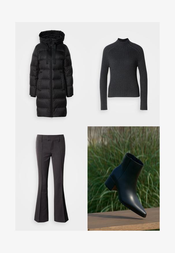Manteau rembourré noir avec capuche, fermeture éclair et deux poches latérales. Fabriqué en tissu lisse et brillant avec une texture matelassée.; Pull côtelé gris foncé avec des manches longues et un col haut, présentant une coupe ajustée et une texture subtil.; Pantalons évasés gris foncé avec une texture lisse, dotés d'une taille ajustée et de coutures frontales pour une apparence sur mesure.; Bottine noire en cuir avec talon bloc, bout pointu, présentée au-dessus d'une surface en bois avec un fond flou d'herbe verte.