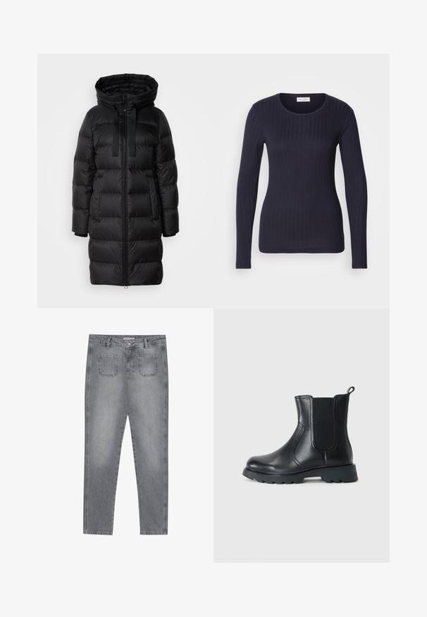 Manteau rembourré noir avec capuche, fermeture éclair et deux poches latérales. Fabriqué en tissu lisse et brillant avec une texture matelassée.; Haut à manches longues côtelé bleu marine avec un col rond. Fabriqué en tissu doux, il présente une coupe ajustée et une texture subtile sur l'ensemble.; Jean en denim gris à coupe droite, avec cinq poches et une fermeture par bouton. Présente un lavage clair et des détails de couture classiques.; Botte de cheville en cuir noir avec des panneaux élastiques sur les côtés, bout rond et semelle en caoutchouc texturé. Dispose d'une languette à l'arrière pour un enfilage facile.