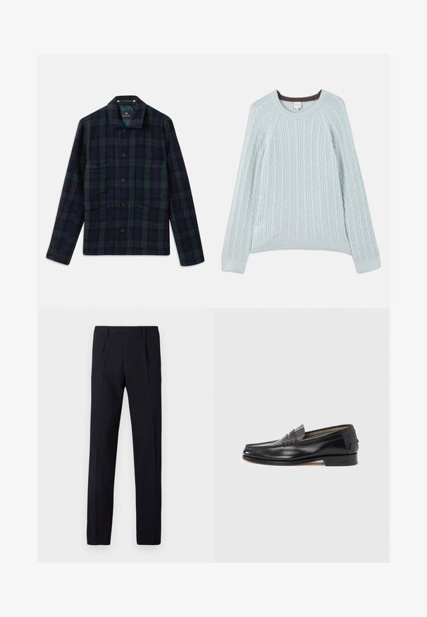 Veste à carreaux vert foncé et bleu marine, à boutons, avec manches longues, col et quatre poches avant.; Pull en maille torsadée bleu clair avec des manches raglan, un col rond et des poignets côtelés. Texture douce avec un subtil accent marron au niveau du col.; Pantalon noir avec une finition texturée, présentant une coupe droite, des passants pour ceinture et des plis repassés sur le devant. Pas de poches visibles.; Mocassins en cuir noir avec un design de style mocassin, présentant une bande décorative et un détail de couture sur le dessus. Talon bloc bas.