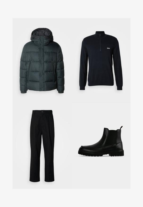 Pufferjakke i mørkegrøn med høj krave, hætte, trykknapper, lynlåslommer og en quiltet design til isolering.; Marineblå sweater med høj krave og halv lynlås. Materialet er blødt med en struktureret overflade. Har et lille hvidt "BOSS" logo på brystet.; Sorte lige ben bukser med en knaplukket talje, bæltestropper og en frontfold, præsenteret mod en ensfarvet hvid baggrund.; Sort læderankelstøvle med tekstureret sål, elastiske sidepaneler og træksnor på en lysegrå baggrund.