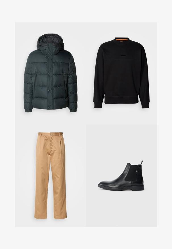 Pufferjakke i mørkegrøn med høj krave, hætte, trykknapper, lynlåslommer og en quiltet design til isolering.; Sort bomulds sweatshirt med rund hals, der har en horisontal søm og en subtil præget logo. Ribmede manchetter og kant giver struktur.; Khaki bukser, blanding af bomuld, lige ben-design, frontfald, bæltesløjfer og knaplukning. Glat tekstur uden mønstre.; Sorte læder Chelsea støvler med elastiske sidepaneler, en pull-tab og en flad gummisål. Glat tekstur med minimal detaljer.