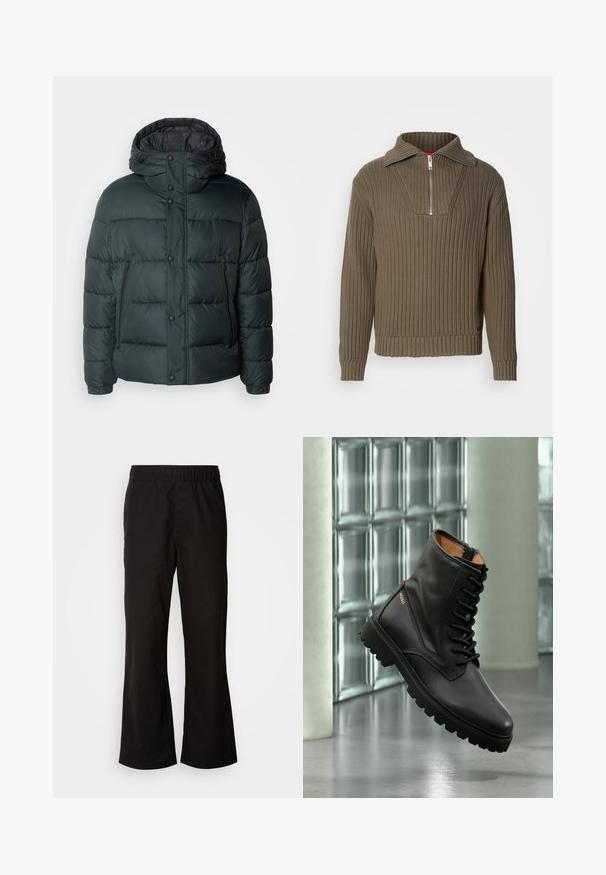 Pufferjakke i mørkegrøn med høj krave, hætte, trykknapper, lynlåslommer og en quiltet design til isolering.; Brun ribbet pullover med en halvdelt lynlås og en bred krave. Har et tekstureret stof og en let cropped hel. Simpelt design.; Sorte bukser med elastisk talje og n tapered form, lavet af glat bomuldsstof. Har et enkelt design og lige benåbninger.; Sort læder snørestøvle i kampstil med tyk sål, guld "HUGO" logo på siden, vist i moderne indendørs miljø med glasblokvæg i baggrunden.