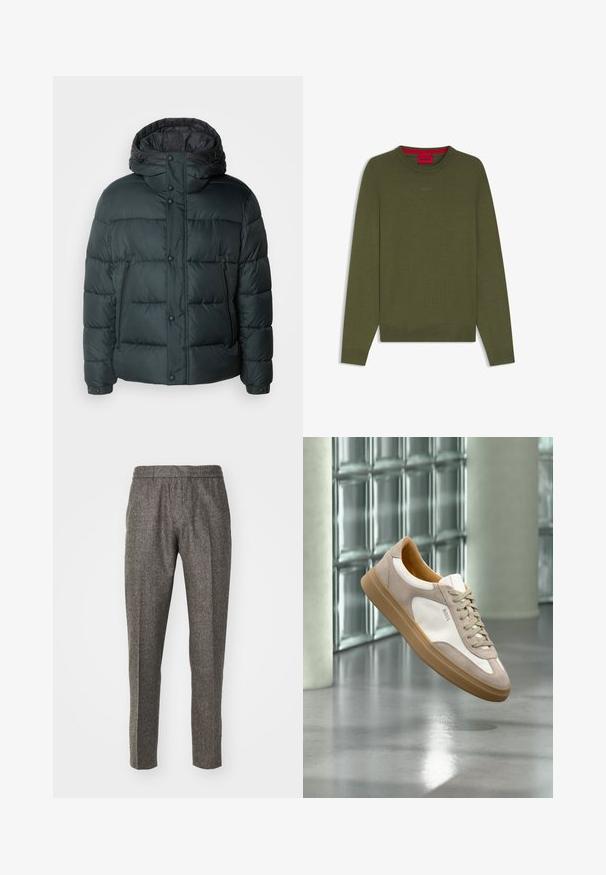 Pufferjakke i mørkegrøn med høj krave, hætte, trykknapper, lynlåslommer og en quiltet design til isolering.; Olivengrøn striktrøje med ribstrikkede manchetter og kant. Har en rund halsudskæring og "HUGO"-logo broderet i en lysere nuance på brystet.; Grå uldbukser med en skræddersyet design, der har en glat tekstur, lige ben og diskrete stikninger.; Beige og hvid sneaker med tan sål og "BOSS" logo, ophængt over en reflekterende glat gulv med glasblokvæg i baggrunden.