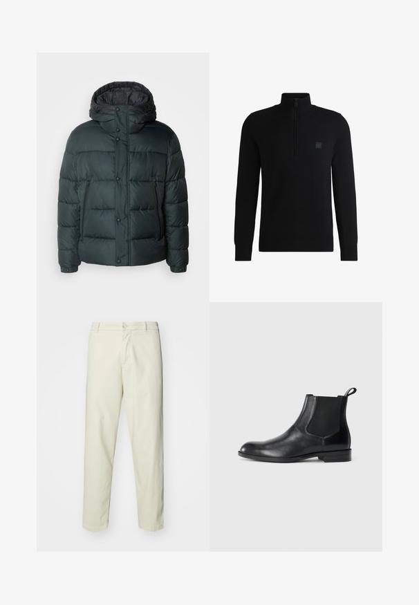 Doudoune verte foncée avec un col montant, une capuche, des boutons-pression, des poches latérales zippées et un design matelassé pour l'isolation.; Pull-over noir avec un col haut et une fermeture à demi-zip. Fabriqué en tissu texturé, il présente un petit logo brodé sur la poitrine.; Pantalon en coton beige clair avec une coupe droite, dotés d'une fermeture à bouton à l'avant et de poches standard, texture lisse et sans motifs.; Bottine en cuir noir avec des panneaux latéraux élastiques, bout rond et tirette. Texture lisse, semelle plate, design minimaliste.