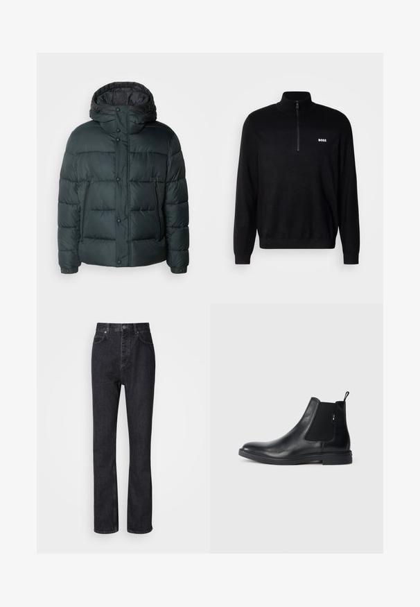 Pufferjakke i mørkegrøn med høj krave, hætte, trykknapper, lynlåslommer og en quiltet design til isolering.; Sort pullover sweater med halv-zip krave, der har ribbet tekstur på skuldrene og et lille hvidt "BOSS" logo på brystet.; Høj talje sorte denim jeans med knap- og lynlåsåbning, for- og baglommer samt lige ben.; Sorte læder Chelsea støvler med elastiske sidepaneler, en pull-tab og en flad gummisål. Glat tekstur med minimal detaljer.