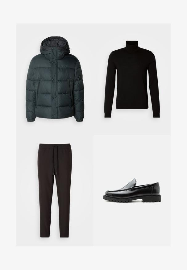 Donsjack in donker groen met een hoge kraag, capuchon, drukknoopsluitingen, ritszakken aan de zijkant en een gestikt ontwerp voor isolatie.; Zwarte coltrui van fijn gebreide stof, met lange mouwen en een getailleerde pasvorm. Gladde textuur met geribbelde manchetten.; Zwarte joggingbroek van zacht materiaal, met een elastische tailleband met een trekkoord, taps toelopende benen en zonder zichtbaar patroon of versieringen.; Zwarte leren loafer met dikke rubberen zool, gestikte bovenkant en gegraveerde merknaam op de hiel, zijaanzicht op witte achtergrond.