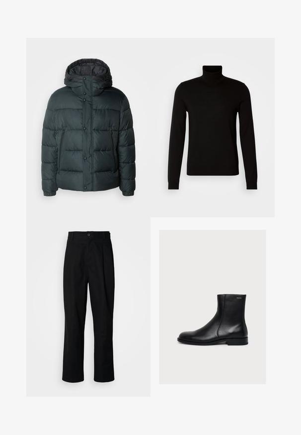 Pufferjakke i mørkegrøn med høj krave, hætte, trykknapper, lynlåslommer og en quiltet design til isolering.; Sort turtleneck sweater lavet af et fint strikket stof, der har lange ærmer og en tætsiddende silhuet. Glat tekstur med ribbede manchetter.; Sorte lige ben bukser med en knaplukket talje, bæltestropper og en frontfold, præsenteret mod en ensfarvet hvid baggrund.; Sort glat læderankelstøvle med lav hæl og sidelukning med lynlås, mærket Hugo nær den øverste kant.