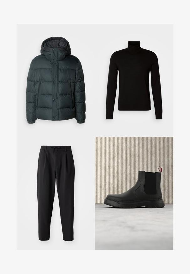 Pufferjakke i mørkegrøn med høj krave, hætte, trykknapper, lynlåslommer og en quiltet design til isolering.; Sort turtleneck sweater lavet af et fint strikket stof, der har lange ærmer og en tætsiddende silhuet. Glat tekstur med ribbede manchetter.; Sorte tapered bukser med elastisk talje og snor. Glat stof med en let tekstur, udstyret med læg og sidelommer.; Sort ankelstøvle med en glat overflade, elastiske sidepaneler og en kontrasterende rød træksløjfe, der har en tyk gummisål og rund tå.
