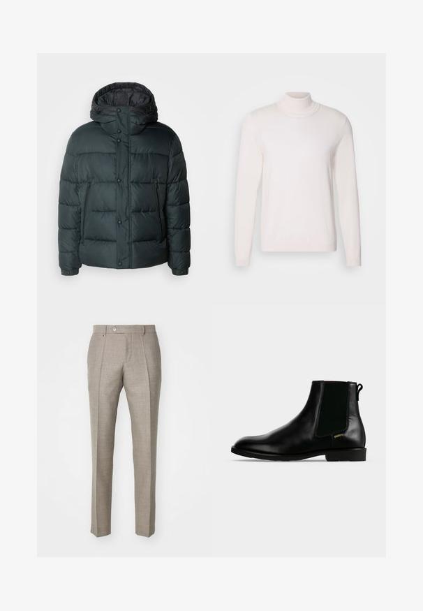 Doudoune verte foncée avec un col montant, une capuche, des boutons-pression, des poches latérales zippées et un design matelassé pour l'isolation.; Pull à col roulé rose clair avec des manches longues, texture douce, col et poignets côtelés, présentant un design classique et ajusté.; Pantalons taillés beiges avec une finition en relief, dotés d'une fermeture à bouton et de deux poches latérales. Design structuré avec une silhouette à jambe droite.; Bottine en cuir noir avec panneau latéral élastique, talon bas, languette à l'arrière et petit logo doré "HUGO" sur le côté extérieur.