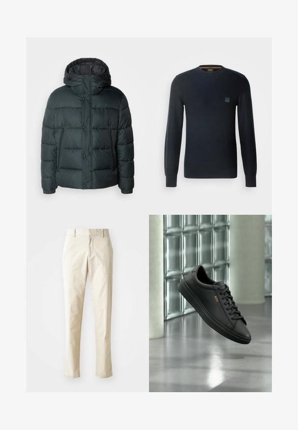 Pufferjakke i mørkegrøn med høj krave, hætte, trykknapper, lynlåslommer og en quiltet design til isolering.; Strikket navyblå sweater med lange ærmer, rund halsudskæring, tekstureret stof og et lille logo-patch på brystet.; Lys beige skræddersyede bukser med et tekstureret mønster, lige pasform og medium høj talje, der har bæltestropper og ingen synlige lommer.; Sort lavtopet lædersneaker med sorte snørebånd og gyldent BOSS-logo på siden, svævende over en blank grå gulv i et moderne indendørs rum.
