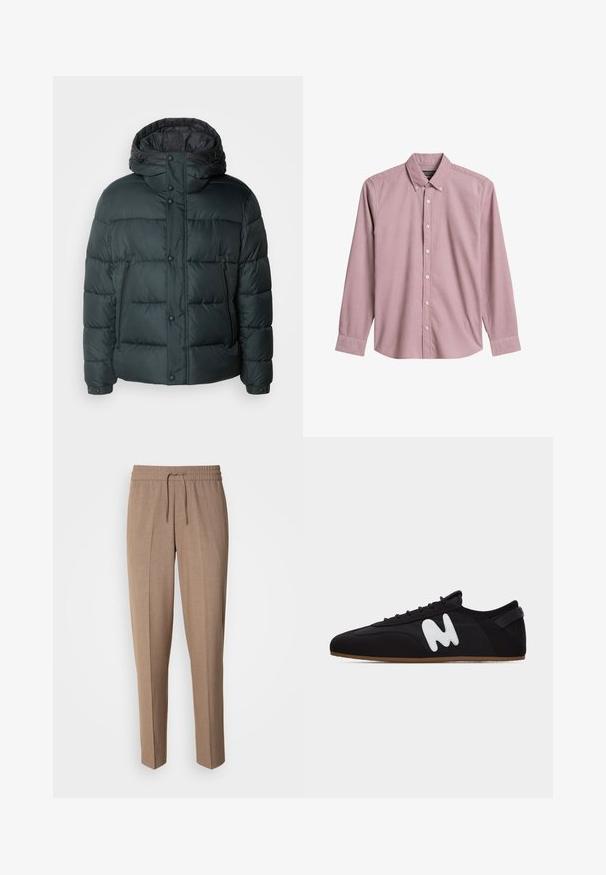 Donsjack in donker groen met een hoge kraag, capuchon, drukknoopsluitingen, ritszakken aan de zijkant en een gestikt ontwerp voor isolatie.; Lichtroze langemouwen shirt gemaakt van soepel katoen, met een button-down kraag en witte knopen aan de voorkant.; Bruine, geweven stoffen broek met een relaxte pasvorm, trekkoord taille en plooien aan de voorkant. Rechte pijpen en geen zichtbare zakken of hardware.; Zwarte lage sneaker met dunne bruine zool en wit gestileerd "M"-logo aan de zijkant, gezien vanaf links.