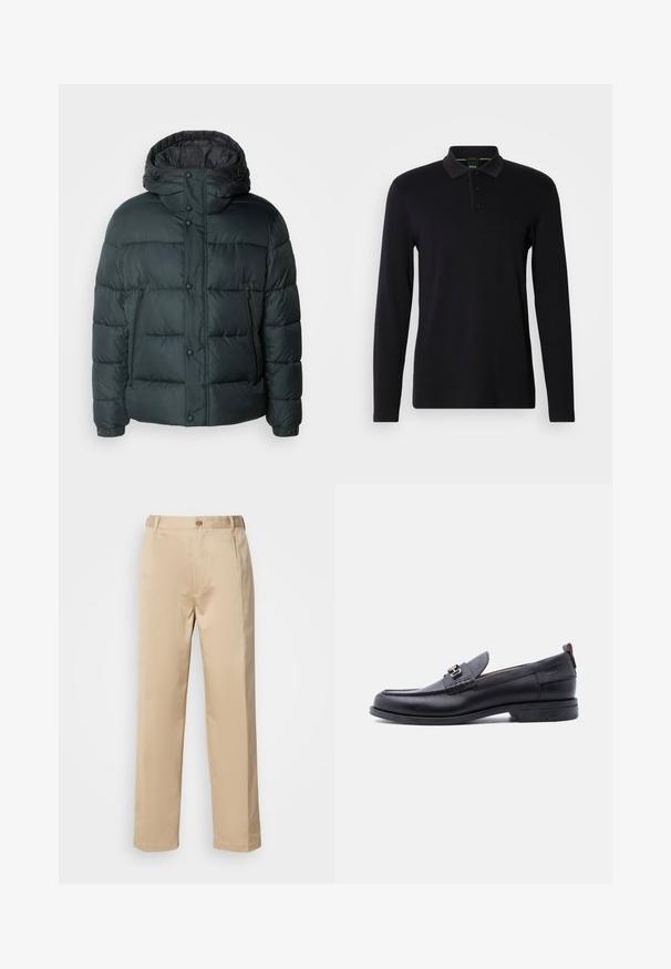 Doudoune verte foncée avec un col montant, une capuche, des boutons-pression, des poches latérales zippées et un design matelassé pour l'isolation.; Polo noir à manches longues en tissu lisse. Doté d'un col, d'une patte de boutonnage à trois boutons et d'un logo discret sur la poitrine.; Pantalons beiges en tissu léger, avec une coupe droite, une taille avec passants de ceinture et une fermeture à bouton sur le devant.; Mocassin en cuir noir avec empeigne texturée grise, détail boucle en métal argenté, petit talon et languette à l'arrière.