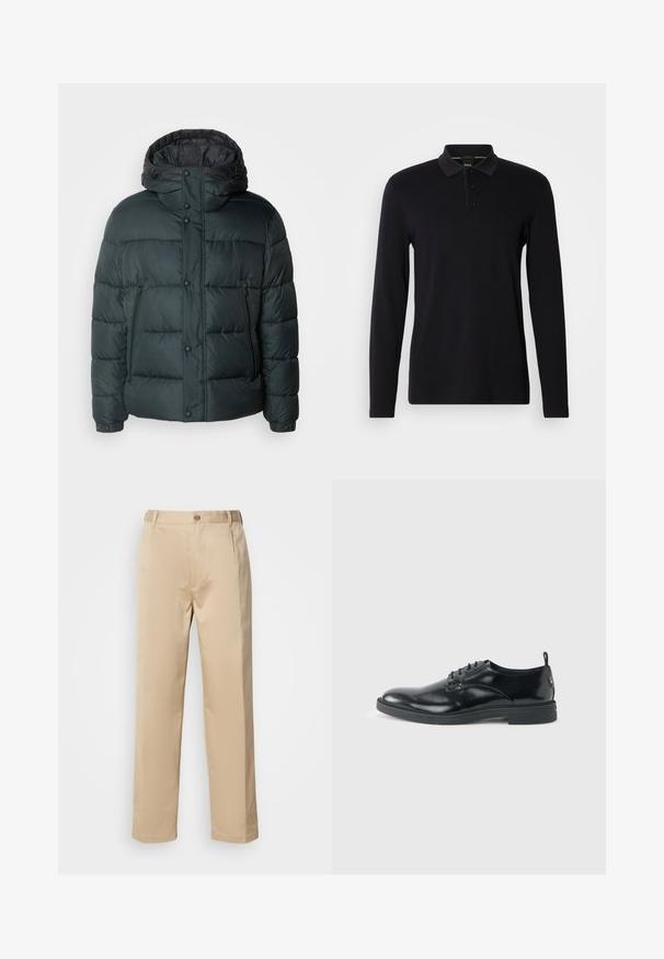 Doudoune verte foncée avec un col montant, une capuche, des boutons-pression, des poches latérales zippées et un design matelassé pour l'isolation.; Polo noir à manches longues en tissu lisse. Doté d'un col, d'une patte de boutonnage à trois boutons et d'un logo discret sur la poitrine.; Pantalons beiges en tissu léger, avec une coupe droite, une taille avec passants de ceinture et une fermeture à bouton sur le devant.; Chaussure habillée en cuir noir brillant avec un petit talon, fermeture à lacets et bout rond, vue de côté sur un fond uni et clair.