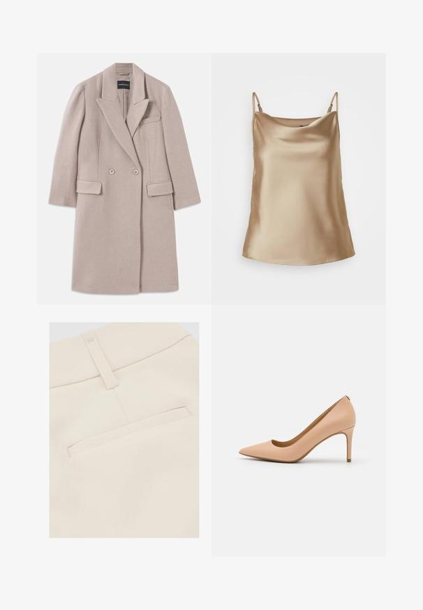 Beige dobbeltbrystet uldfrakke med klapkrave, to frontlommer med flap, en brystlomme og lange ærmer.; Satin top i lys beige med tynde stropper og en blødt draperet halsudskæring, der har en glat, blank overflade.; Nærbillede af beige stofbukser, der viser baglomme og bæltestrop med synlige syningsdetaljer.; Nude læder højhælede pumper med spids tå, glat tekstur og en slank hæl. Minimalistisk design med lav udskæring.
