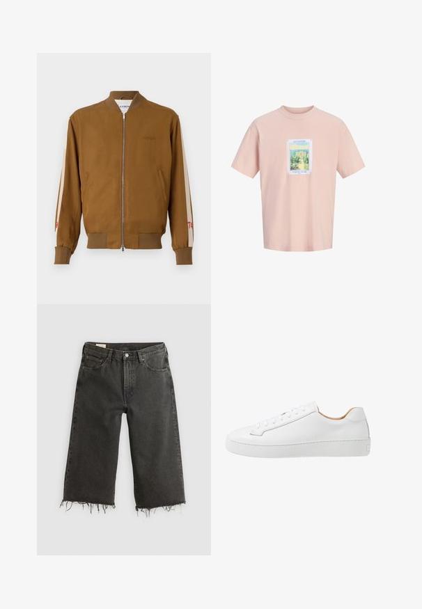 Chaqueta bomber marrón con dobladillo y puños acanalados, cierre de cremallera, bolsillos laterales y rayas en beige con detalles en rojo del número.; Camiseta rosa de manga corta con un estampado de estilo vintage centrado, que muestra un edificio costero con palmeras y texto en francés.; Jeans de pierna ancha con dobladillo sin acabar en negro, fabricados en denim, que presentan un diseño de cinco bolsillos y cierre de botón metálico. La textura es ligeramente rugosa.; Zapatilla de cuero blanca con un acabado suave, punta redonda, diseño de cordones planos y suela de goma gruesa con un patrón de agarre texturizado.