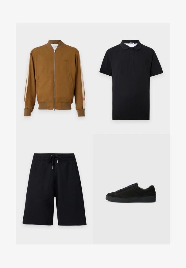 Brun bomberjakke med ribbede kanter og manchetter, lynlås foran, sidelommer og beige accentstriber med røde nummerdetaljer.; Sort kortærmet polo med tre knapper og en krave, med en synlig Moschino-mærkeflade inde i halsudskæringen.; Sorte knælange shorts med elastisk talje og snøre, med sidelommer og en afslappet pasform.; Sort semsket sneakers med en flad, tekstureret sål, rund tå, seks snørrehuller og et minimalistisk design.