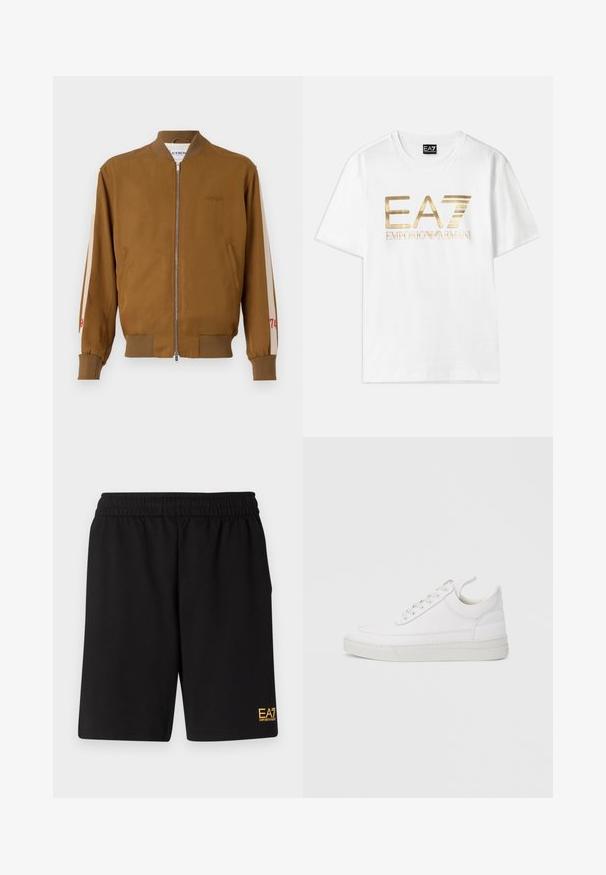 Brun bomberjakke med ribbede kanter og manchetter, lynlås foran, sidelommer og beige accentstriber med røde nummerdetaljer.; Hvid bomulds t-shirt med et stort guldmetallic "EA7" logo og teksten "EMPORIO ARMANI" nedenunder, med korte ærmer og rund hals.; Sorte atletiske shorts lavet af blødt stof, med en elastisk talje og et lille gult EA7-logo nederst på venstre ben.; Hvid lædersneaker med rundet tå, flad sål og snørebånd foran. Har syningsdetaljer og polstret krave for komfort.