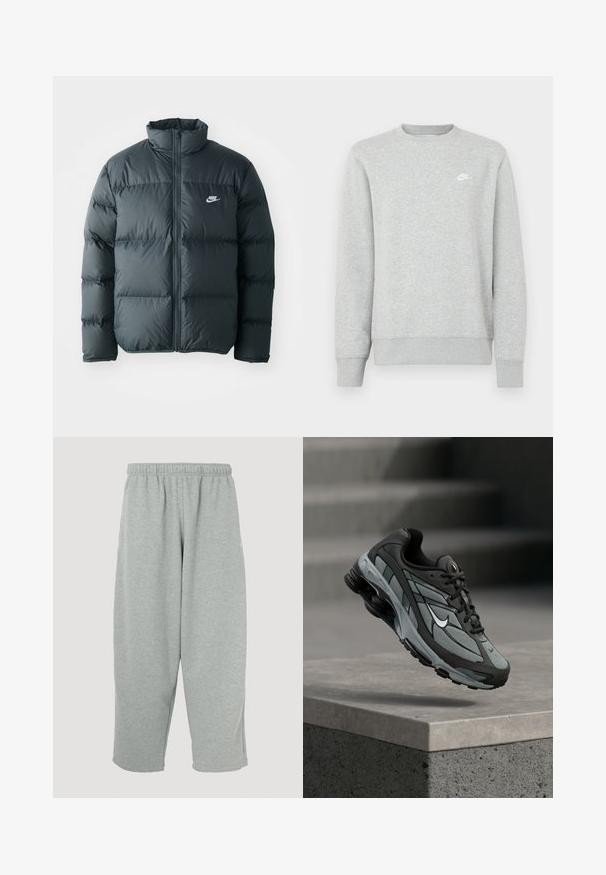 Čierna pérová bunda s prešívanými časťami, vysokým golierom a predným zipsom. Na hrudi sa nachádza malé biele logo Nike.; Sivá mikina z mäkkého fleecového materiálu, s rebrovanými manžetami a lemom, s malým bielym logom Nike na hrudi.; Svetlosivé tepláky s elastickým pásom, zúženým strihom nohavíc a mäkkou textúrou. Bez viditeľného loga alebo vzorov.; Šedá a čierna športová teniska s panelmi z sieťoviny a hrubou podrážkou, umiestnená vo vzduchu nad betónovým obrubníkom a schodmi v pozadí.