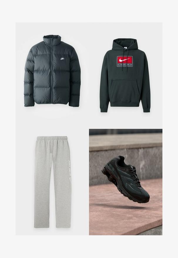 Sort pufferjakke med quiltede sektioner, høj krave og lynlås foran. Har et lille hvidt Nike-logo på brystet.; Mørkegrøn hættetrøje lavet af blødt stof, med en stor Nike-logo i rød og hvid på et rektangulært mærke med grå accenter. Frontlomme.; Grå joggingbukser lavet af blødt materiale med elastisk taljebånd. Har en hvid "JUST DO IT" tekst og Nike swoosh-logo på det ene ben.; Sort atletisk sneaker med synligt luftdæmpende mellemsål, der svæver over en pink stenoverflade med en grå stenvæg i baggrunden.