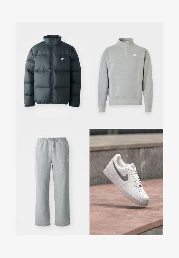 Sort pufferjakke med quiltede sektioner, høj krave og lynlås foran. Har et lille hvidt Nike-logo på brystet.; Grå sweatshirt med halvlynlås-krave, lange ærmer, ribbede manchetter og kant. Har et lille hvidt Nike-logo på brystet.; Grå bomulds sweatpants med elastisk talje, snorelukning og lige ben. Har et lille logo på den øverste venstre side.; Hvid Nike Air Force 1 sneaker med gråt swoosh-logo svævende over en stensurface og en grå stenvæg i baggrunden.