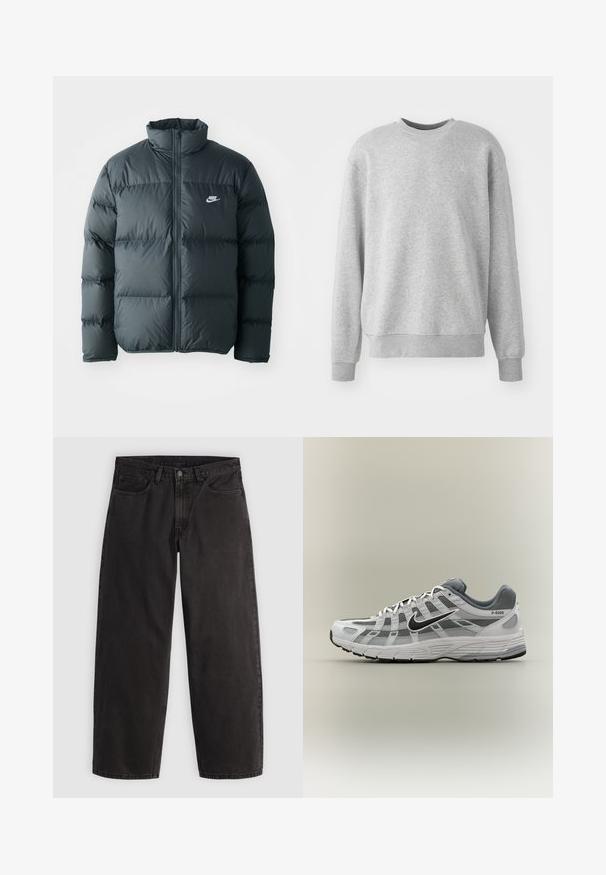 Chaqueta de plumas negra con secciones acolchadas, cuello alto y cremallera frontal. Presenta un pequeño logo blanco de Nike en el pecho.; Sudadera gris hecha de una tela suave, con cuello redondo, puños y dobladillo acanalados, y un sutil logo en la parte delantera.; Vaqueros negros de pierna recta con cinco bolsillos y trabillas para cinturón, mostrados extendidos sobre un fondo claro y liso.; Zapatilla Nike P-6000 blanca y gris con swoosh negro, paneles de malla y suela texturizada, mostrada de perfil sobre un fondo neutro.