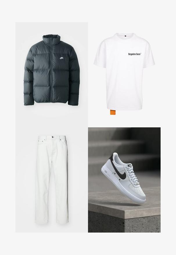 Sort pufferjakke med quiltede sektioner, høj krave og lynlås foran. Har et lille hvidt Nike-logo på brystet.; Hvid bomulds t-shirt med et sort logo på venstre bryst og et orange mærke i bunden. Korte ærmer og en klassisk rund halsudskæring.; Hvide denimbukser med lige pasform, fem-lomme design, knaplukning og subtile syninger. Glat tekstur og minimalistisk stil.; Hvid Nike Air Force 1 sneaker med sort swoosh-logo, svævende over en betonforkant med slørede trapper i baggrunden.