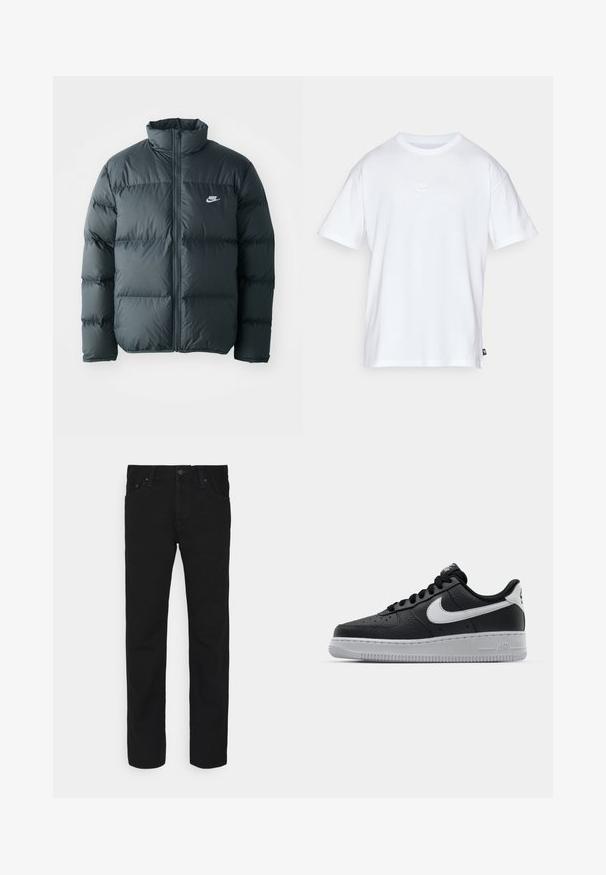 Schwarze Pufferjacke mit gesteppten Abschnitten, hohem Kragen und frontalem Reißverschluss. Verfügt über ein kleines weißes Nike-Logo auf der Brust.; Weißes Baumwoll-T-Shirt mit kurzen Ärmeln und Rundhalsausschnitt. Verfügt über ein kleines, dezentes Nike-Logo auf der Brust und ein seitliches Etikett.; Schwarze gerade geschnittene Jeans mit Knopf und Reißverschluss vorne, Fünf-Taschen-Design, auf einem weißen Hintergrund präsentiert.; Schwarze Ledersneaker mit strukturierten Oberflächen, weißem Nike-Swoosh, grauer Sohle, runder Zehenpartie und Schnürdesign. Verfügt über Perforationen an der Zehenbox.