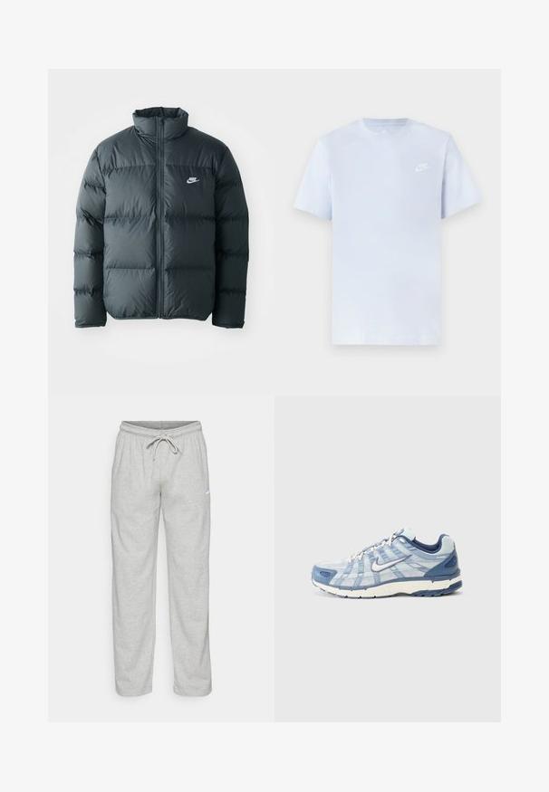 Sort pufferjakke med quiltede sektioner, høj krave og lynlås foran. Har et lille hvidt Nike-logo på brystet.; Lyseblå bomulds t-shirt med korte ærmer, rund hals og et hvidt Nike-logo trykt på venstre bryst. Glat tekstur, simpelt design.; Lys grå sweatpants lavet af blødt stof. Har en elastisk talje med snøre og Nike-logo i sort på venstre lår.; Lysblå atletiksko med lagdelt mesh og syntetisk materiale, hvid sål, mørkeblå accenter og branding på siden.